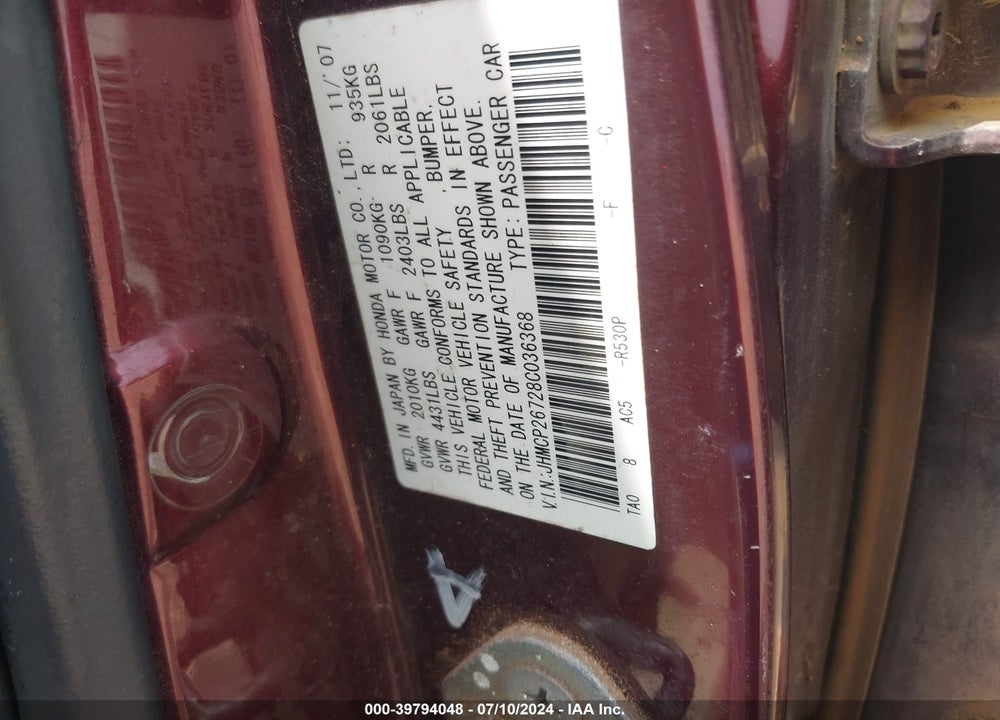 2008 HONDA ACCORD 2.4 EX VIN: JHMCP26728C036368