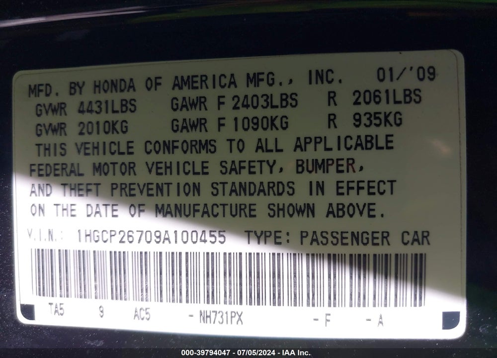2009 HONDA ACCORD VIN: 1HGCP26709A100455