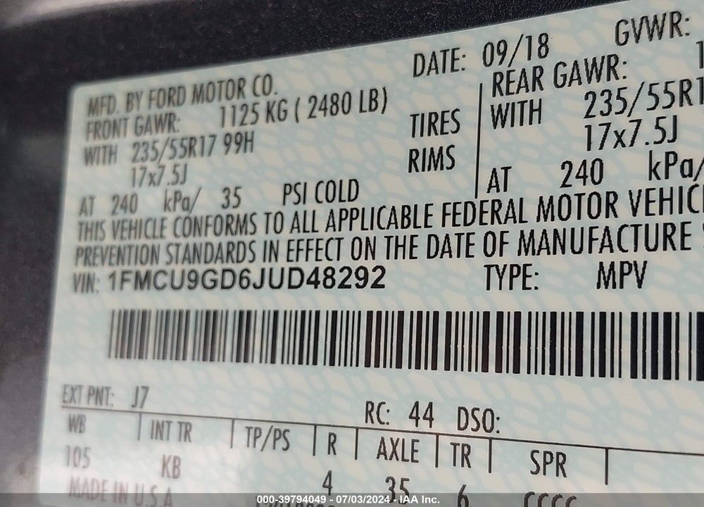 2018 FORD ESCAPE SE VIN: 1FMCU9GD6JUD48292