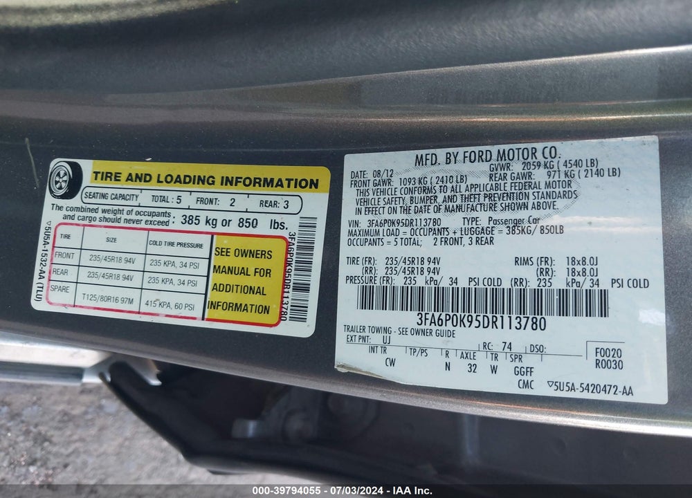 2013 FORD FUSION TITANIUM VIN: 3FA6P0K95DR113780