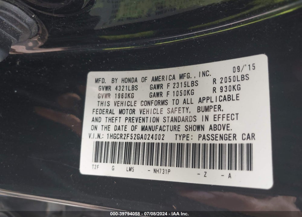 2016 HONDA ACCORD SPORT VIN: 1HGCR2F52GA024002