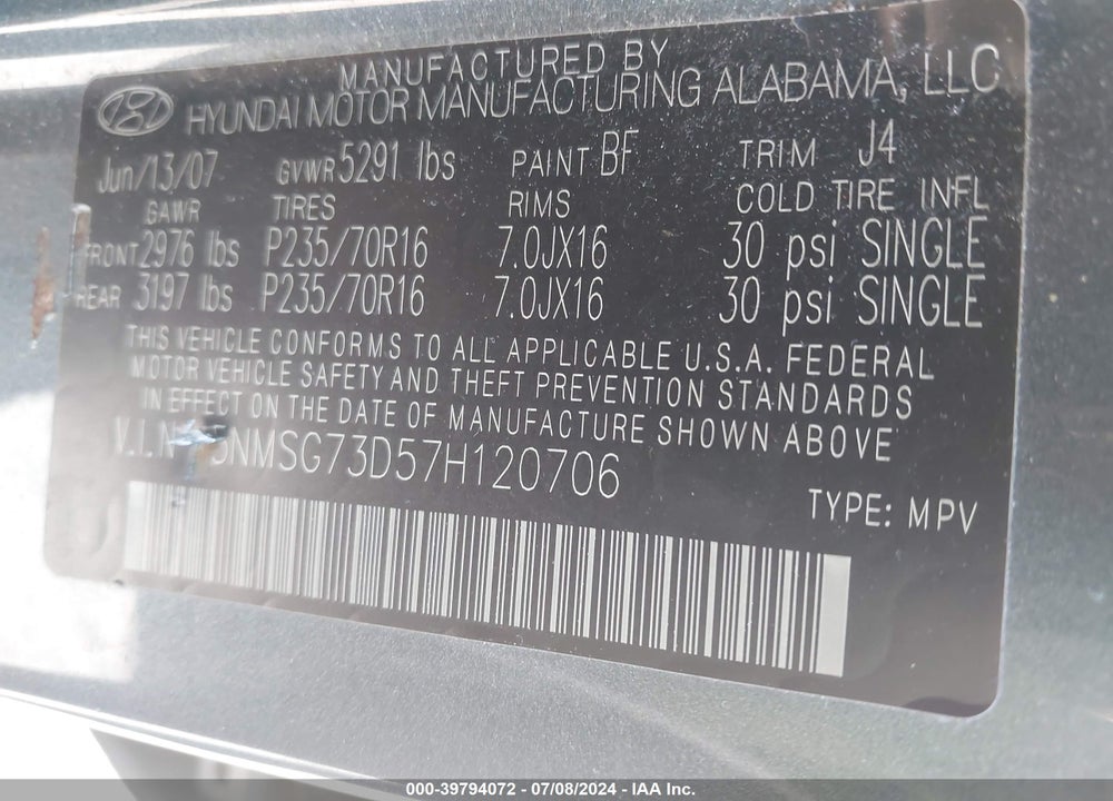 2007 HYUNDAI SANTA FE GLS VIN: 5NMSG73D57H120706