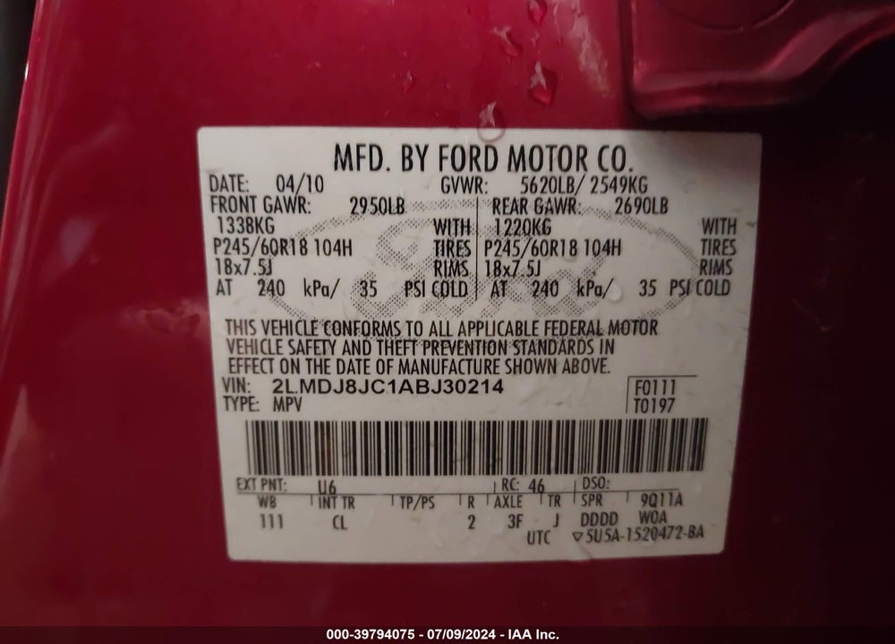 2010 LINCOLN MKX VIN: 2LMDJ8JC1ABJ30214