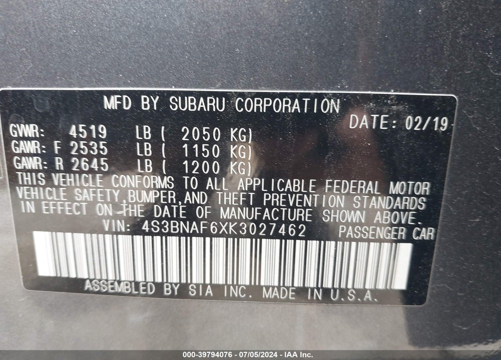 2019 SUBARU LEGACY 2.5I PREMIUM VIN: 4S3BNAF6XK3027462