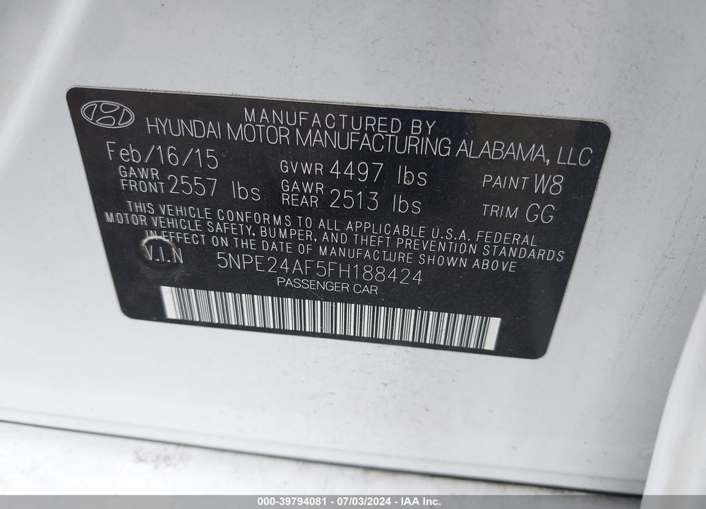 2015 HYUNDAI SONATA SE VIN: 5NPE24AF5FH188424