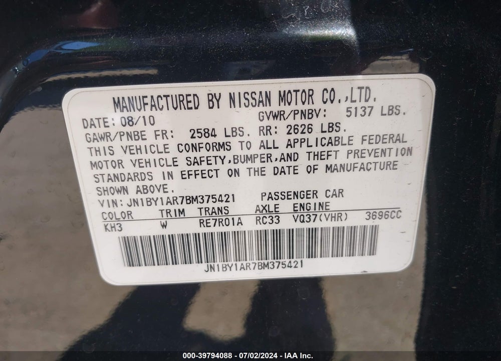2011 INFINITI M37X VIN: JN1BY1AR7BM375421