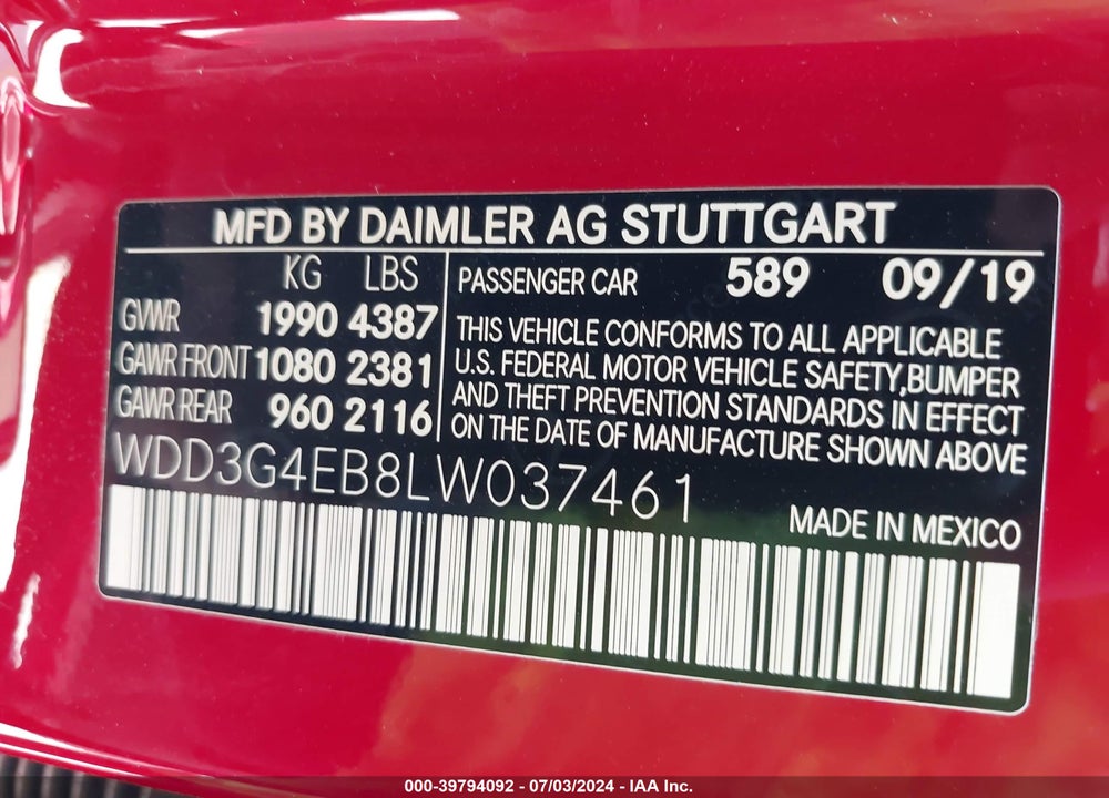 2020 MERCEDES-BENZ A 220 VIN: WDD3G4EB8LW037461