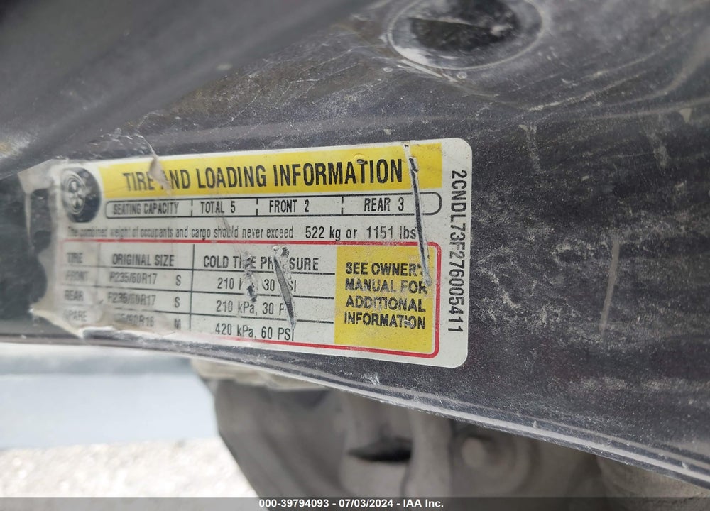 2007 CHEVROLET EQUINOX LT VIN: 2CNDL73F276005411