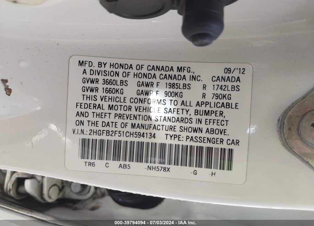 2012 HONDA CIVIC LX VIN: 2HGFB2F51CH594134