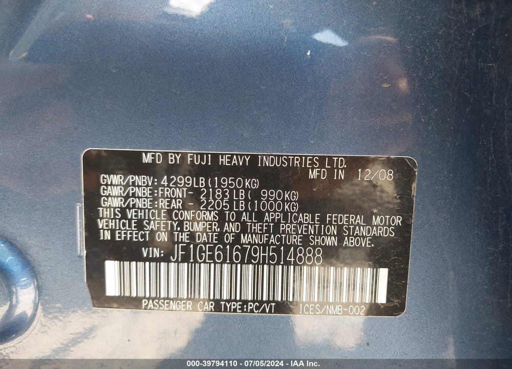 2009 SUBARU IMPREZA 2.5I VIN: JF1GE61679H514888