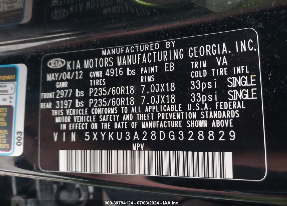 2013 KIA SORENTO EX V6 VIN: 5XYKU3A28DG328829