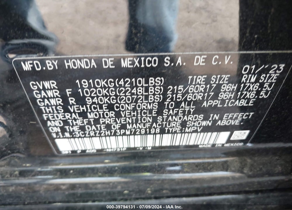 2023 HONDA HR-V AWD EX-L VIN: 3CZRZ2H73PM729198