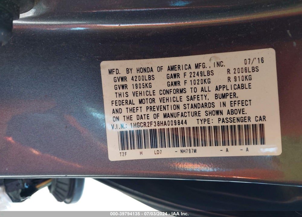 2017 HONDA ACCORD LX VIN: 1HGCR2F38HA009844