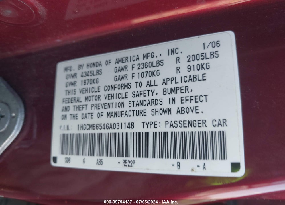2006 HONDA ACCORD 3.0 EX VIN: 1HGCM66546A031148