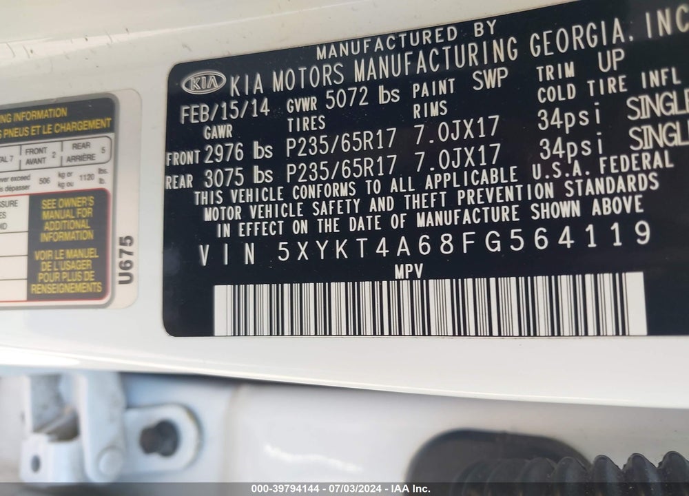 2015 KIA SORENTO LX VIN: 5XYKT4A68FG564119