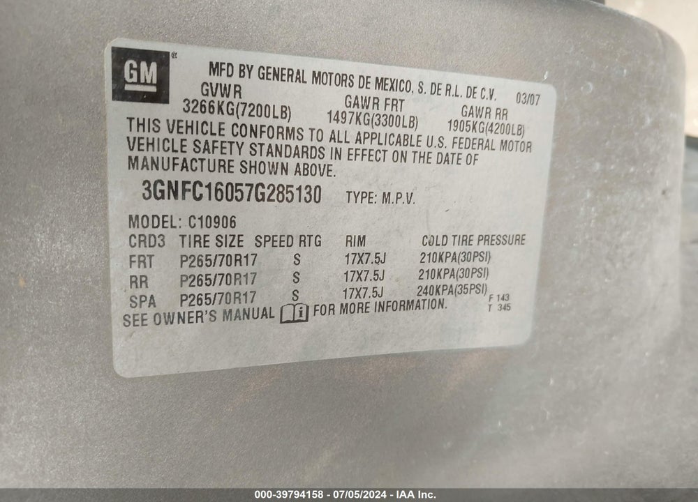 2007 CHEVROLET SUBURBAN 1500 LT VIN: 3GNFC16057G285130