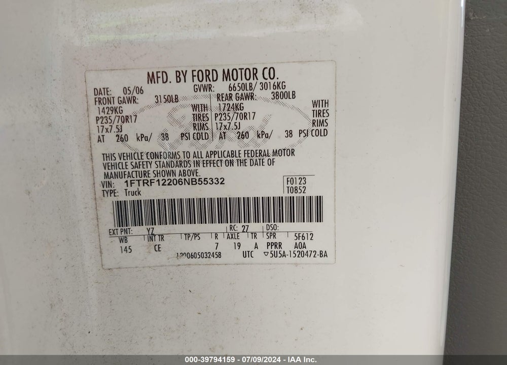 2006 FORD F-150 STX/XL/XLT VIN: 1FTRF12206NB55332