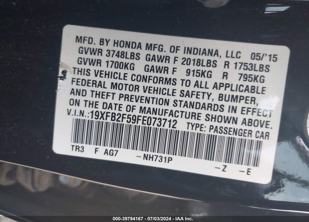 2015 HONDA CIVIC LX VIN: 19XFB2F59FE073712