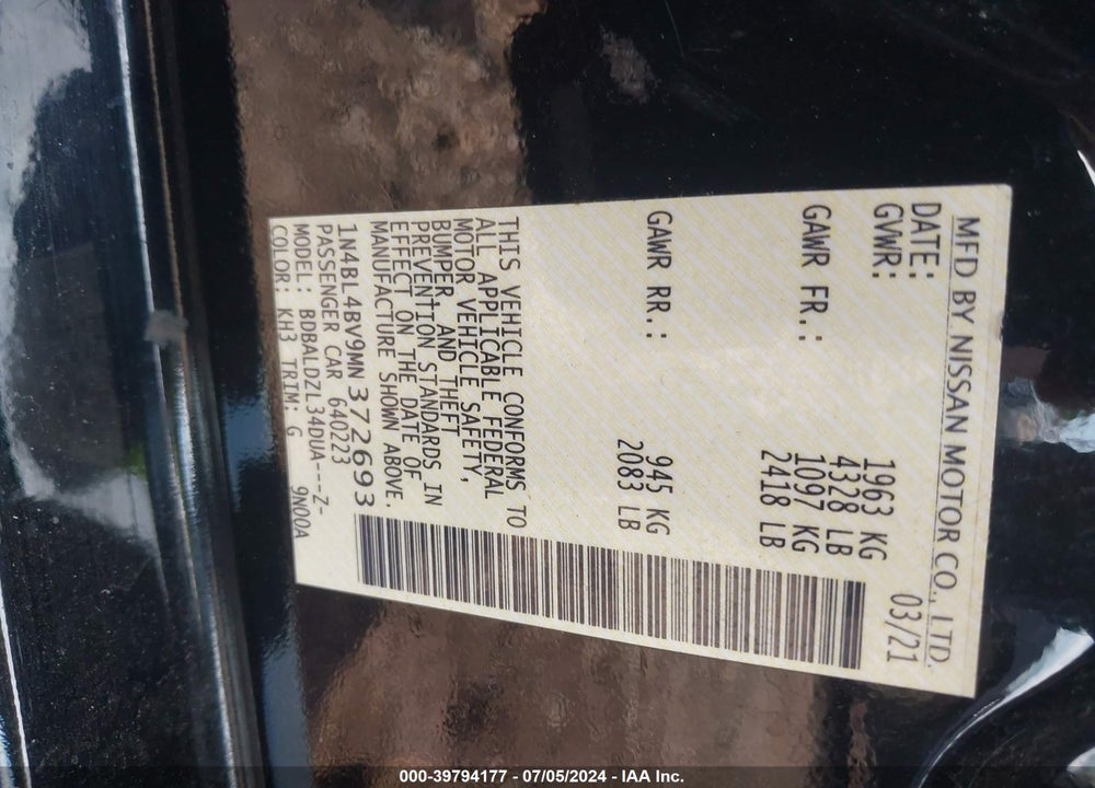 2021 NISSAN ALTIMA VIN: 1N4BL4BV9MN372693