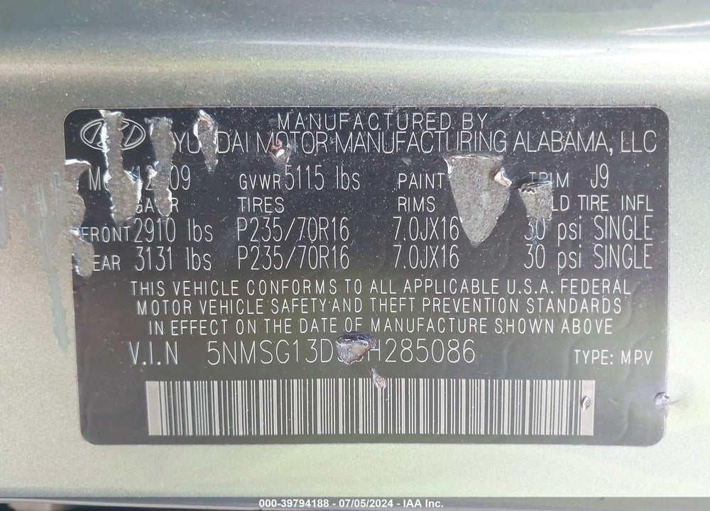 2009 HYUNDAI SANTA FE GLS VIN: 5NMSG13D39H285086