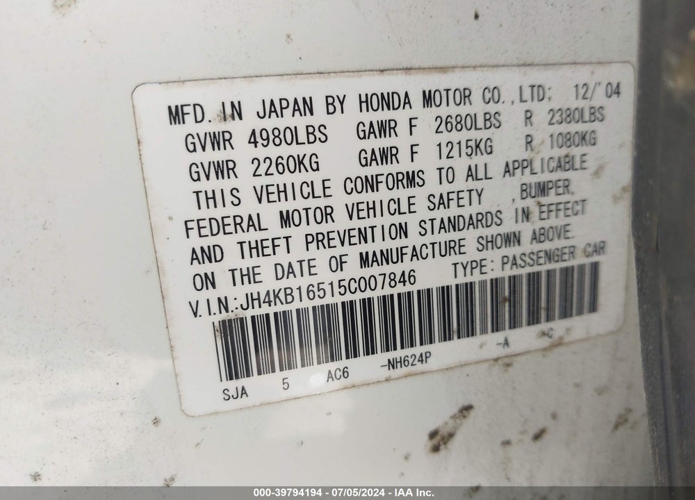 2005 ACURA RL 3.5 VIN: JH4KB16515C007846