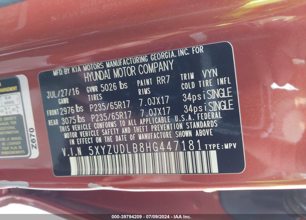 2017 HYUNDAI SANTA FE SPORT 2.4L VIN: 5XYZUDLB8HG447181