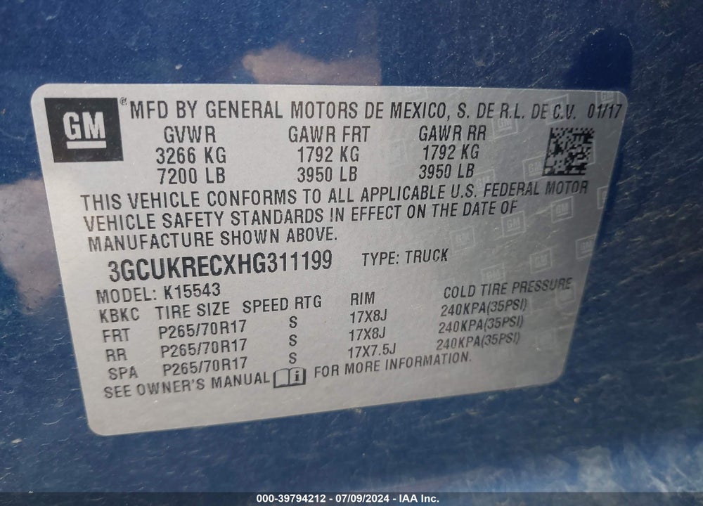 2017 CHEVROLET SILVERADO 1500 1LT VIN: 3GCUKRECXHG311199