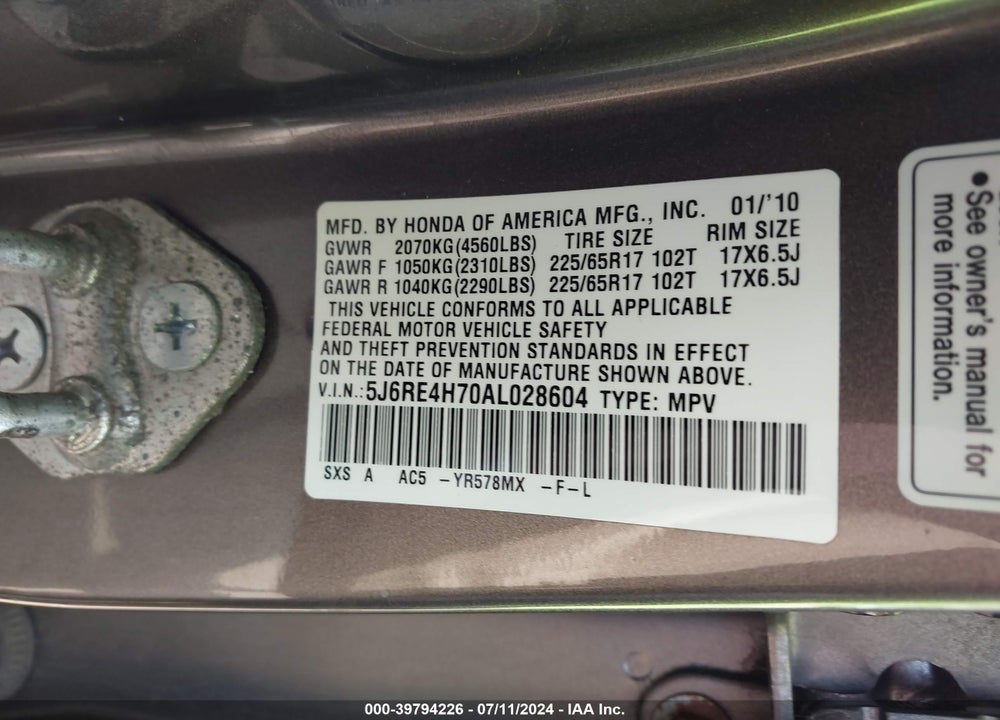 2010 HONDA CR-V EX-L VIN: 5J6RE4H70AL028604