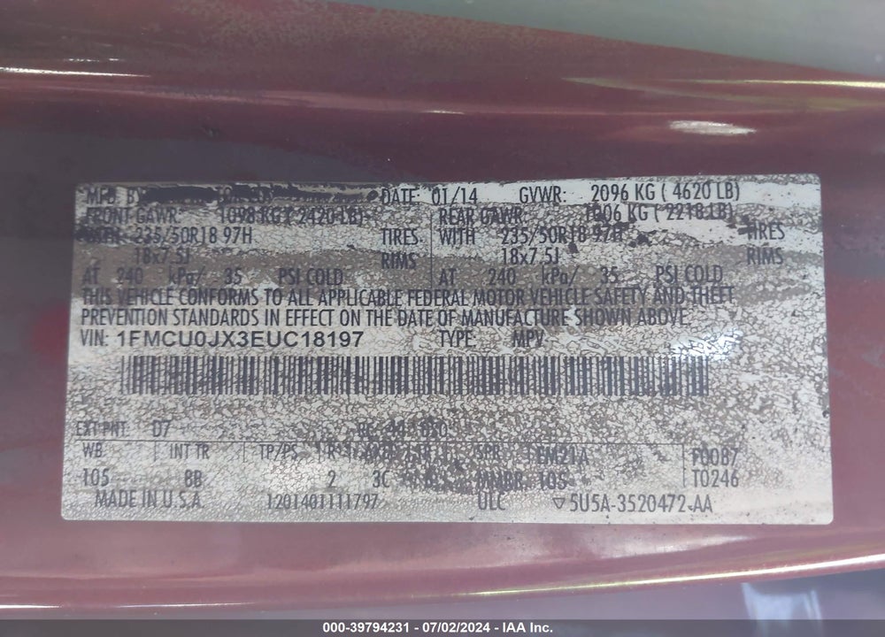 2014 FORD ESCAPE TITANIUM VIN: 1FMCU0JX3EUC18197