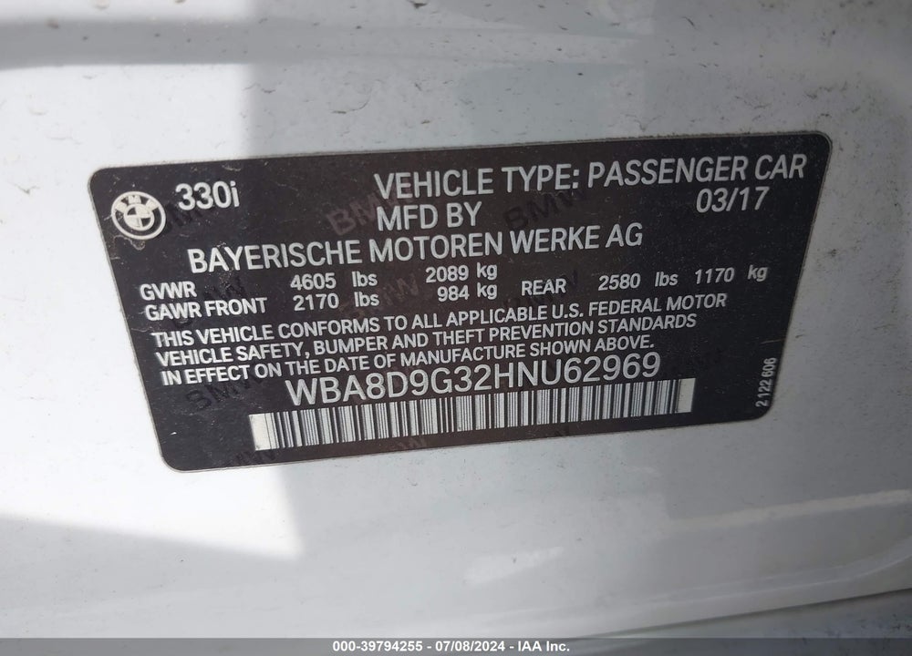 2017 BMW 330I XDRIVE VIN: WBA8D9G32HNU62969