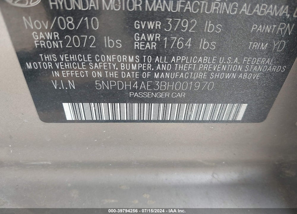 2011 HYUNDAI ELANTRA GLS VIN: 5NPDH4AE3BH001970