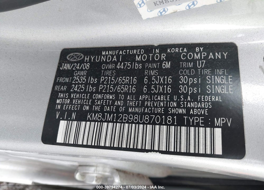 2008 HYUNDAI TUCSON GLS VIN: KM8JM12B98U870181