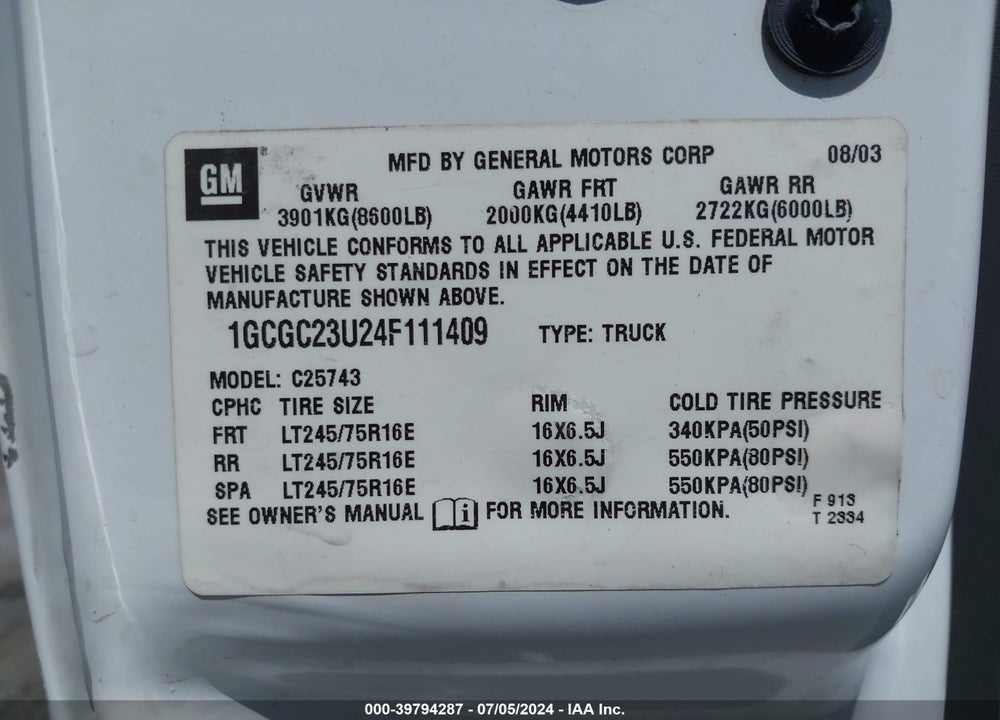2004 CHEVROLET SILVERADO 2500 VIN: 1GCGC23U24F111409