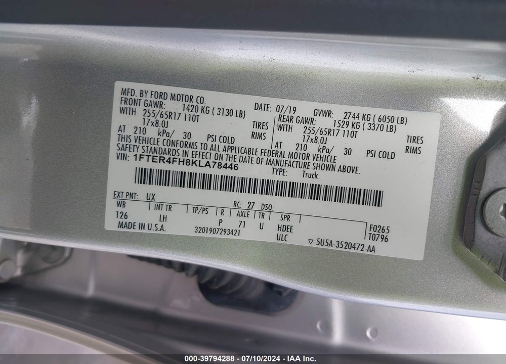 2019 FORD RANGER XLT VIN: 1FTER4FH8KLA78446