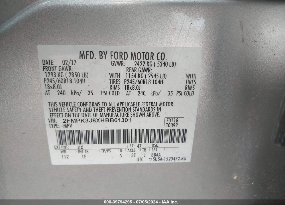 2017 FORD EDGE SEL VIN: 2FMPK3J8XHBB61301