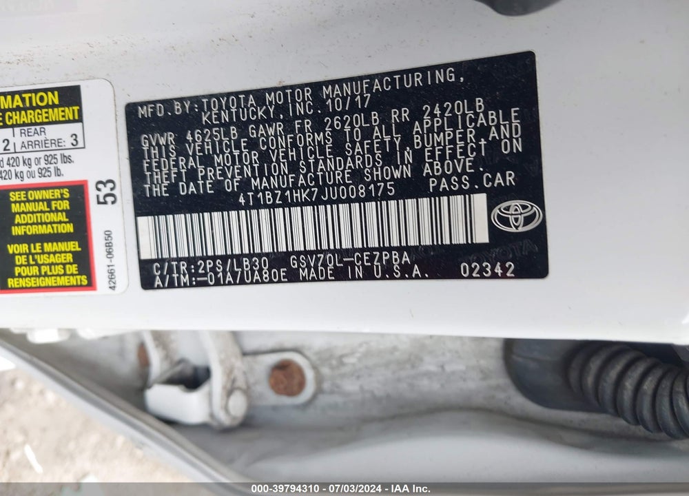2018 TOYOTA CAMRY XSE V6 VIN: 4T1BZ1HK7JU008175