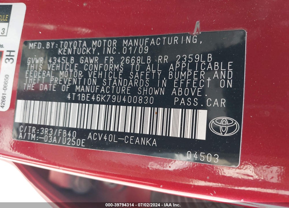 2009 TOYOTA CAMRY LE VIN: 4T1BE46K79U400830
