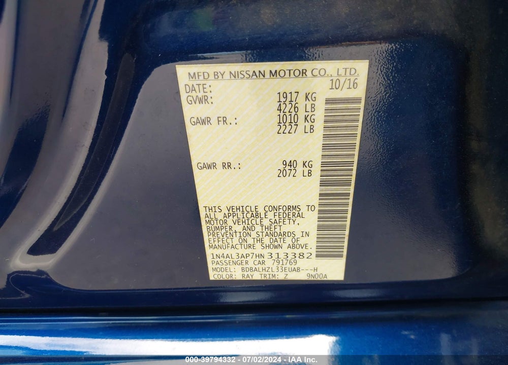 2017 NISSAN ALTIMA 2.5 SR VIN: 1N4AL3AP7HN313382