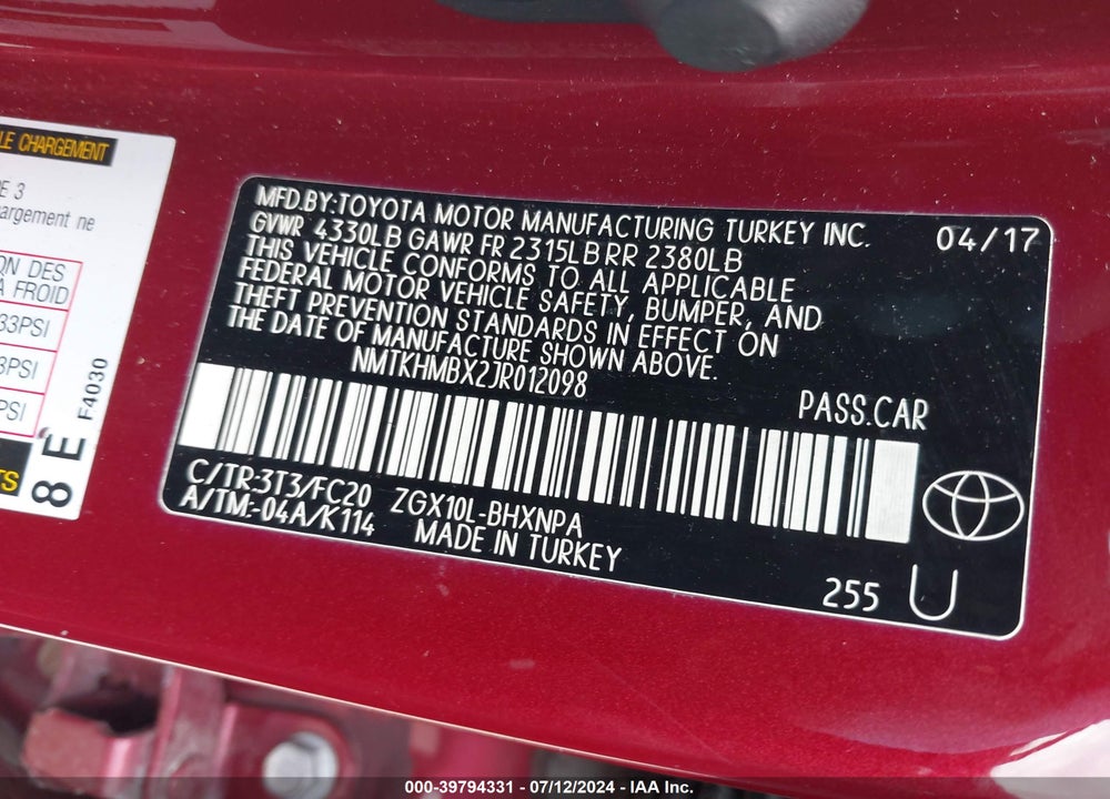 2018 TOYOTA C-HR XLE VIN: NMTKHMBX2JR012098