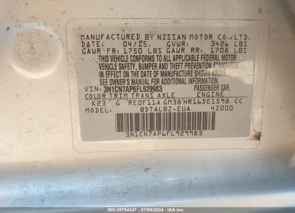 2015 NISSAN VERSA 1.6 SV VIN: 3N1CN7AP6FL929983
