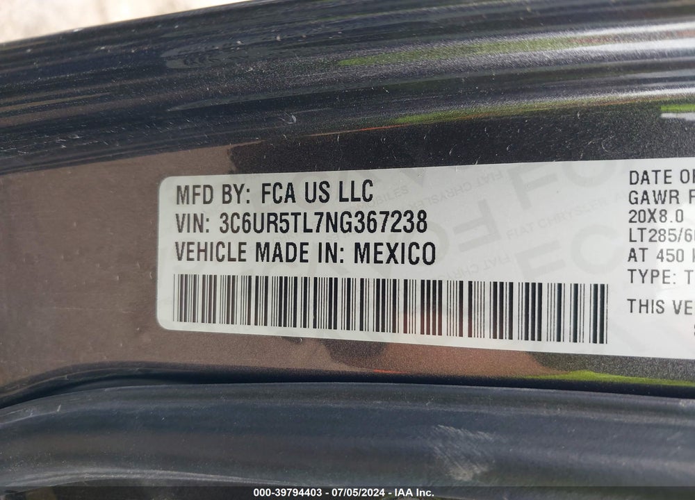 2022 RAM 2500 VIN: 3C6UR5TL7NG367238