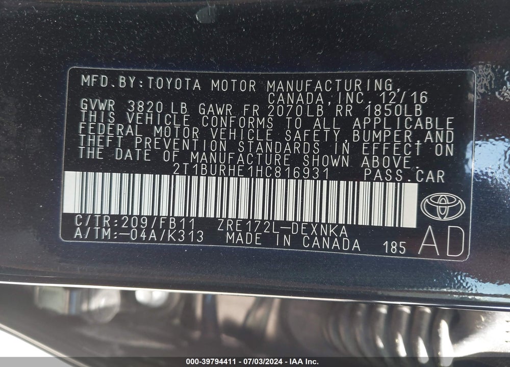 2017 TOYOTA COROLLA LE VIN: 2T1BURHE1HC816931