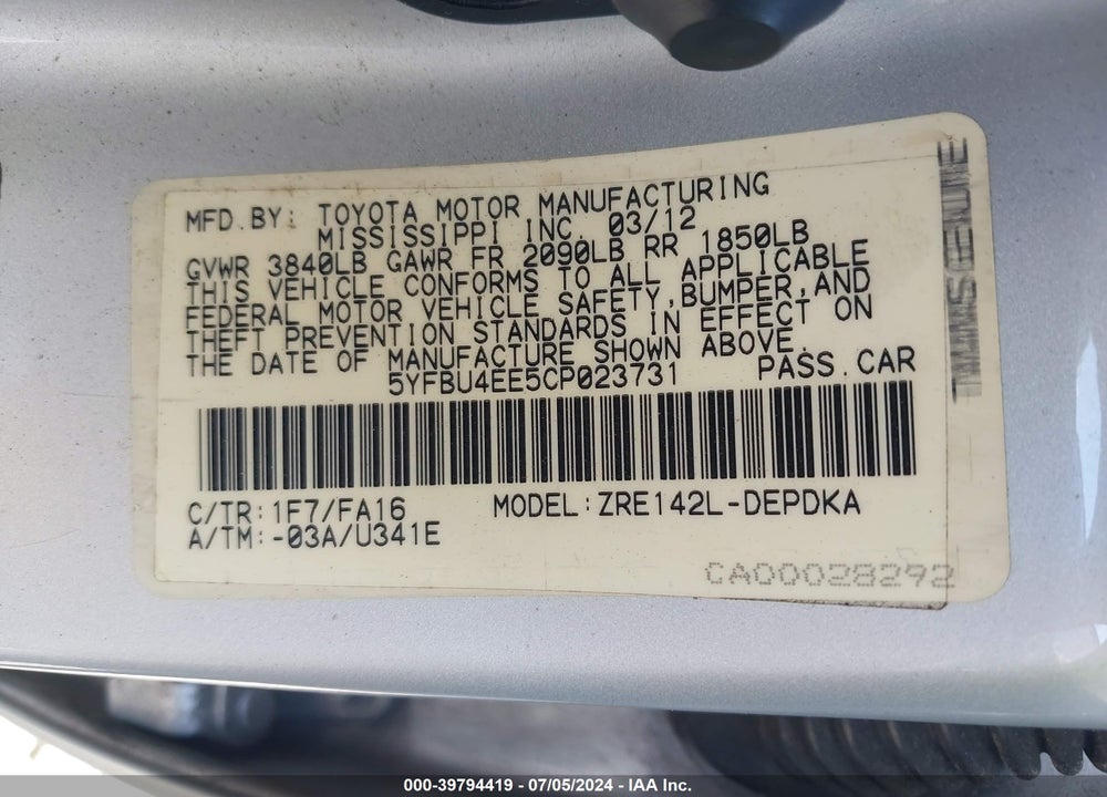 2012 TOYOTA COROLLA L VIN: 5YFBU4EE5CP023731