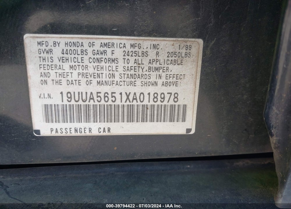 1999 ACURA TL 3.2 VIN: 19UUA5651XA018978