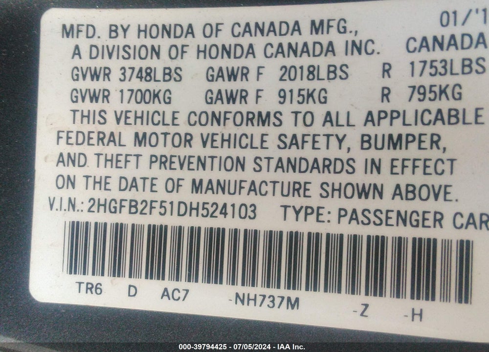 2013 HONDA CIVIC LX VIN: 2HGFB2F51DH524103