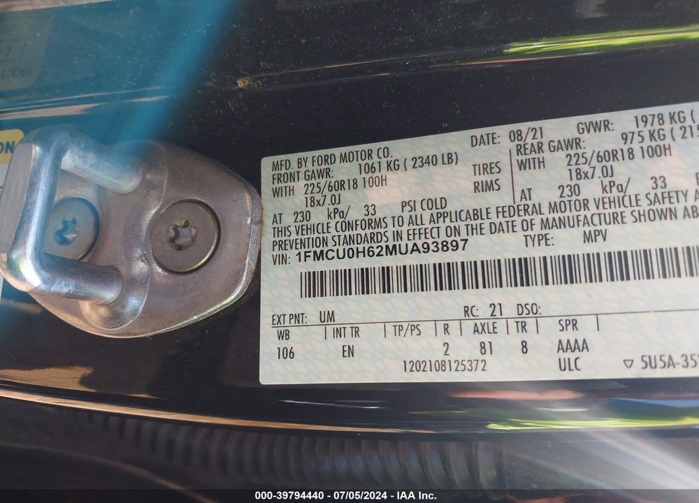 2021 FORD ESCAPE SEL VIN: 1FMCU0H62MUA93897