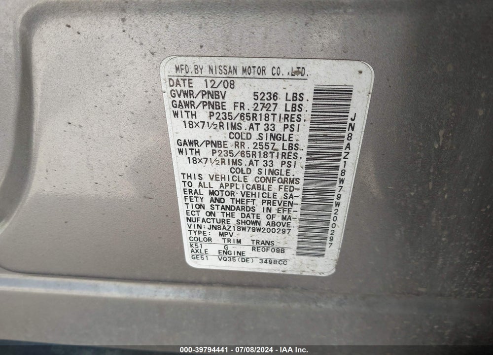 2009 NISSAN MURANO S VIN: JN8AZ18W79W200297
