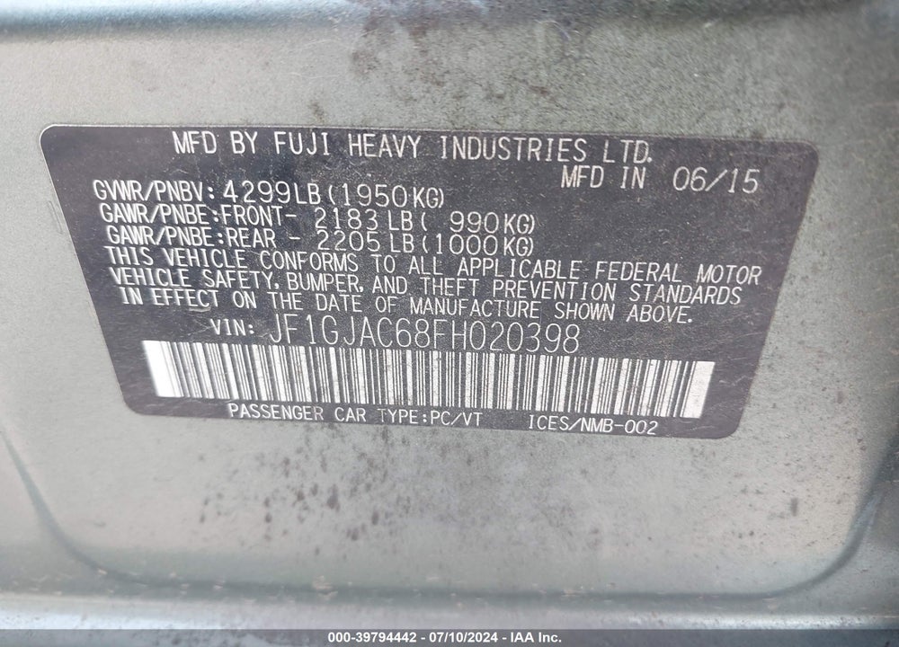 2015 SUBARU IMPREZA 2.0I PREMIUM VIN: JF1GJAC68FH020398