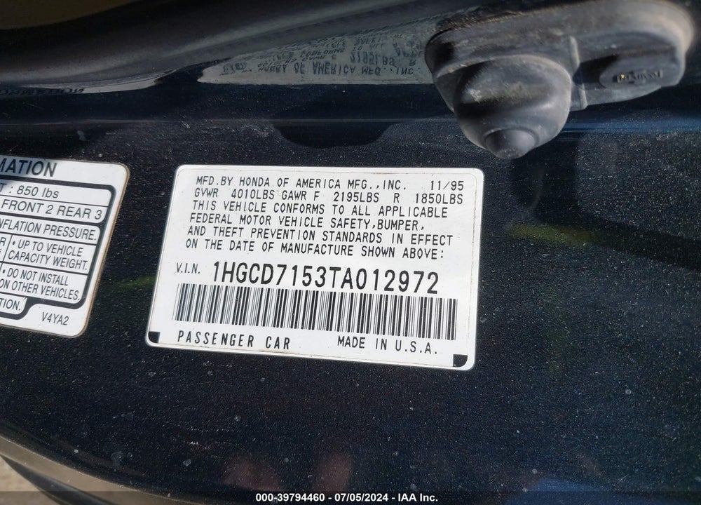 1996 HONDA ACCORD EX/EX-R VIN: 1HGCD7153TA012972