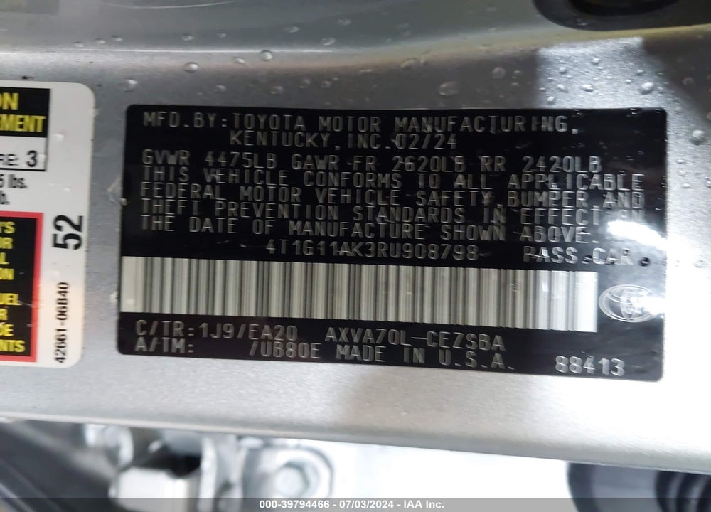 2024 TOYOTA CAMRY SE NIGHT SHADE/SE VIN: 4T1G11AK3RU908798